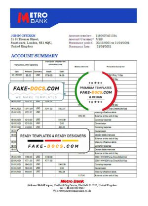 United Kingdom Metro bank statement template in Excel and PDF format