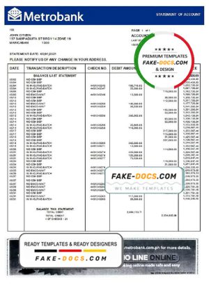 United Kingdom Metrobank bank statement in Word and PDF format