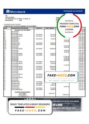 United Kingdom Metrobank bank statement template in Excel and PDF format