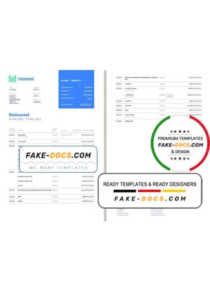 United Kingdom Monese bank statement template in Excel and PDF format, 2 pages