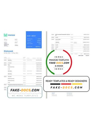 United Kingdom Monese bank statement template in Word and PDF format, 2 pages