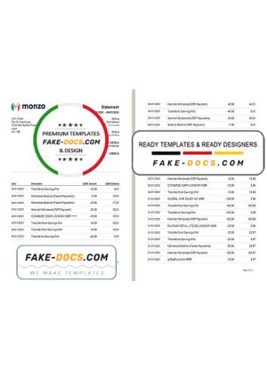 United Kingdom Monzo bank statement template in Excel and PDF format (3 pages)