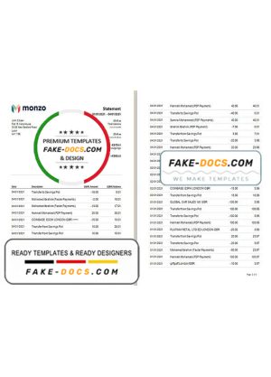 United Kingdom Monzo bank statement template in Word and PDF format (3 pages), good for address prove