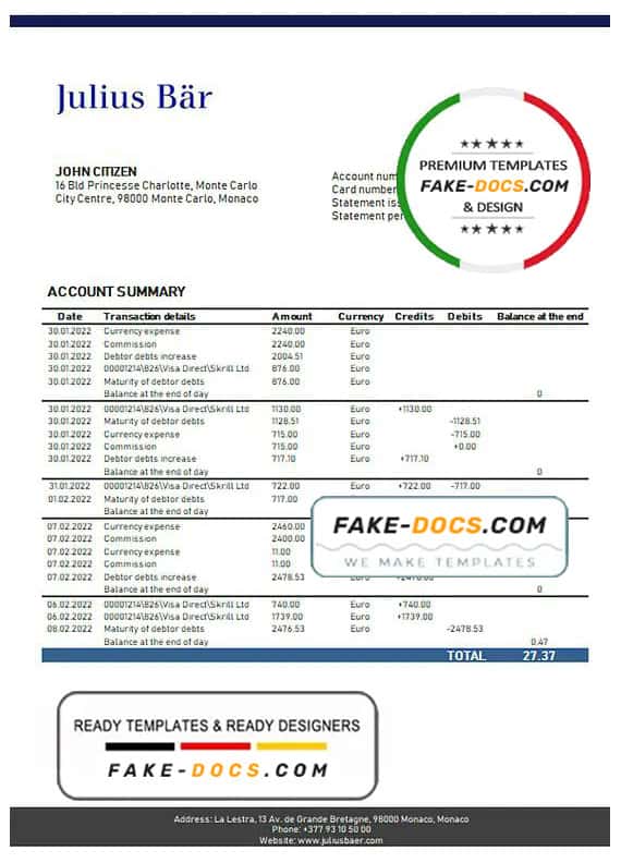 Monaco Julius Bar bank statement easy to fill template in Word and PDF format Monaco Julius Bar bank statement easy to fill template in Word and PDF format