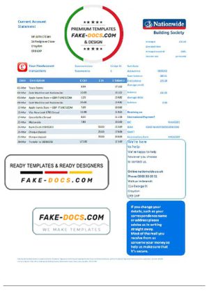 United Kingdom Nationwide bank statement template in Excel and PDF file format
