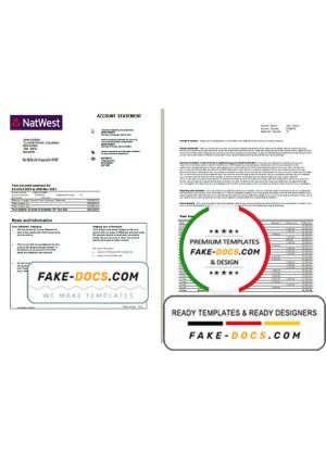 United Kingdom NatWest bank account statement template in Excel and PDF format, 2 pages