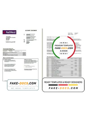 United Kingdom NatWest bank account statement template in Word and PDF format, 2 pages