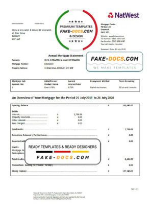 United Kingdom NatWest bank proof of address statement in Word and PDF format (.doc and .pdf)