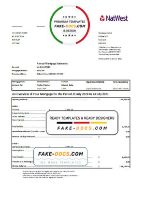United Kingdom NatWest bank statement template in .xls and .pdf file format