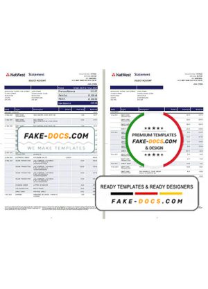 United Kingdom Natwest bank statement template in Excel and PDF format (2 pages)