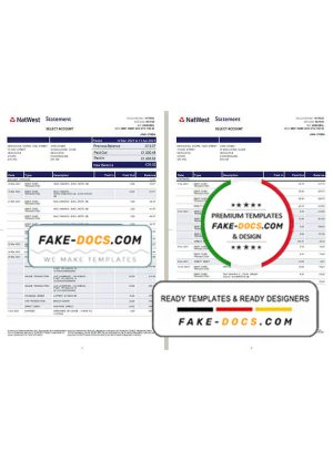United Kingdom Natwest bank statement template in Word and PDF format (2 pages)