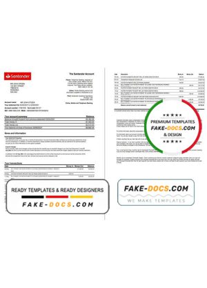 United Kingdom Santander bank statement template in Excel and PDF format (2 pages)
