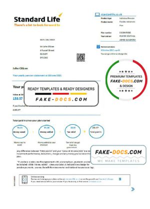 United Kingdom Standard Life proof of address pension statement in Excel and PDF (.xls and .pdf) format