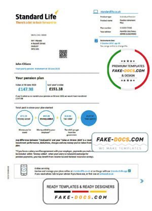 United Kingdom Standard Life proof of address pension statement in Word and PDF (.doc and .pdf) format