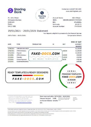 United Kingdom Starling bank statement template in .xls and .pdf file format, good for address prove