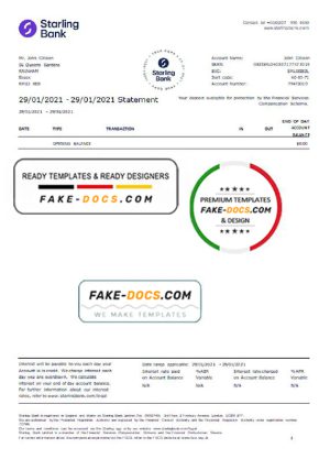 United Kingdom Starling bank statement template in Word and PDF format, good for address prove