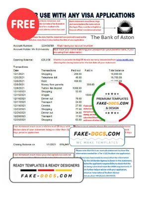 United Kingdom The Bank of Aston bank statement template in Excel and PDF format