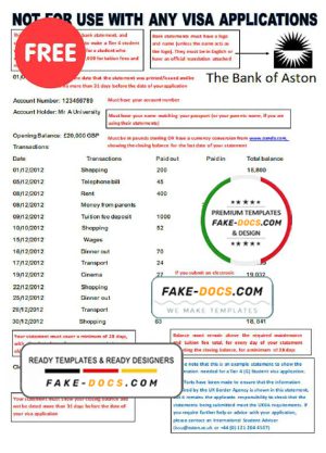 United Kingdom The Bank of Aston bank statement template in Word format
