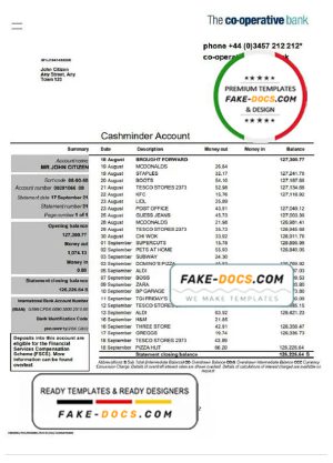 United Kingdom The Co-operative bank statement in Excel and PDF format