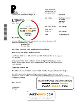 United Kingdom The Pension Service bank proof of address statement template in Word and PDF format