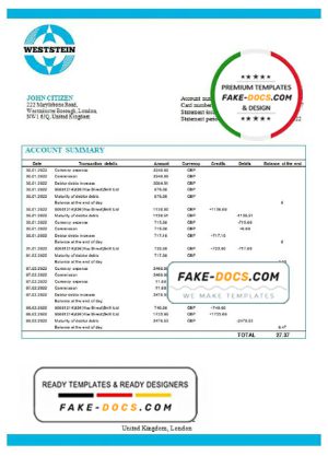 United Kingdom WestStein Bank statement template in Excel and PDF format