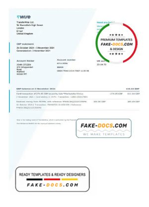 United Kingdom Wise bank statement template in Word and PDF format