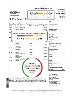 United Kingdom Yorkshire Bank statement easy to fill template in Excel and PDF format