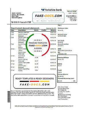 United Kingdom Yorkshire Bank statement template in Word and PDF format, good for address prove