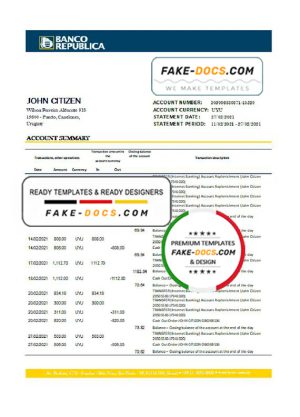 Uruguay Banco De La Republica Oriental Del Uruguay bank statement template in .xls and .pdf file format