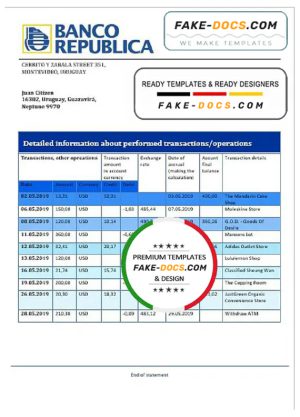 Uruguay Banco de la República Oriental del Uruguay bank statement template in Word and PDF format, good for address prove