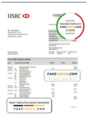 Uruguay HSBC bank statement template in Word and PDF format