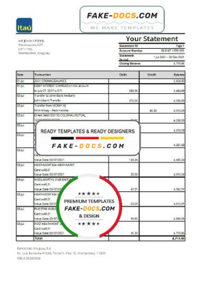 Uruguay Itau Bank statement template in .xls and .pdf file format