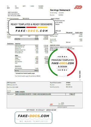 USA ADP Earnings statement template in .xls and .pdf file format