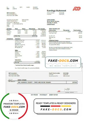 USA ADP Earnings statement template in Word and PDF format