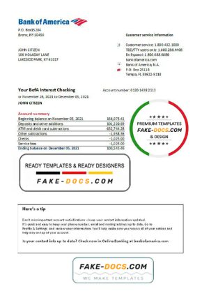 USA Bank of America bank statement easy to fill template in .xls and .pdf file format