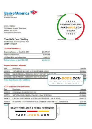 USA Bank of America bank statement template in Excel and PDF format, version 4