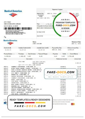 USA Bank of America bank statement template in Excel and PDF format, version 5