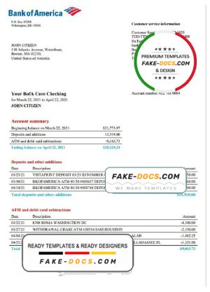 USA Bank of America bank statement template in Word and PDF format, version 4