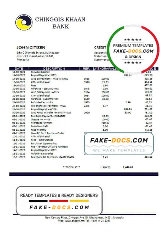 Mongolia Chinggis Khaan bank statement template in Word and PDF format Mongolia Chinggis Khaan bank statement template in Word and PDF format