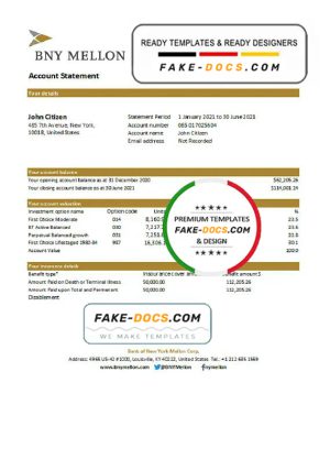 USA Bank of New York Mellon bank statement easy to fill template in Excel and PDF format