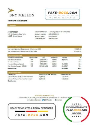 USA Bank of New York Mellon proof of address bank statement template in Word and PDF format (.doc and .pdf)