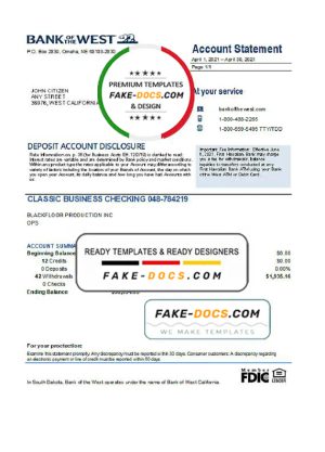 USA Bank of the West bank statement easy to fill template in Excel and PDF format