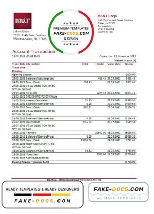 USA BB&T Corp. bank statement easy to fill template in .xls and .pdf file format