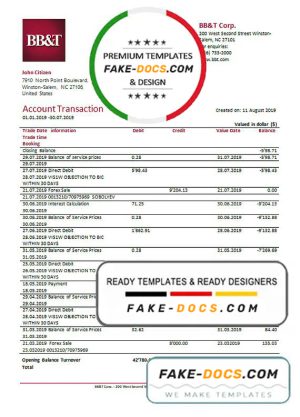 USA BB&T Corp. bank statement template in Word and PDF format