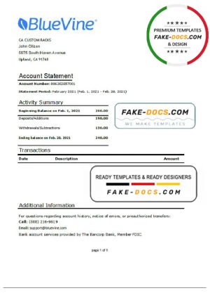 USA California BlueVine bank statement easy to fill template in .xls and .pdf file format