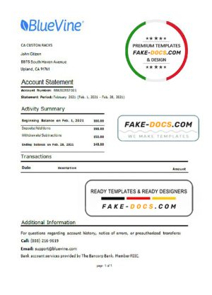 USA California BlueVine bank statement template in Word and PDF format, .doc and .pdf format