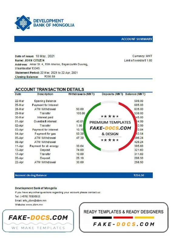 Mongolia Development Bank of Mongolia bank statement easy to fill template in .xls and .pdf file format Mongolia Development Bank of Mongolia bank statement easy to fill template in .xls and .pdf file format