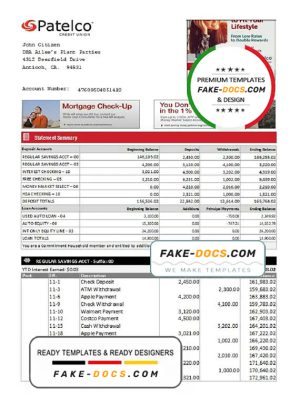 USA California Patelco Credit Union bank statement template in Word and PDF format