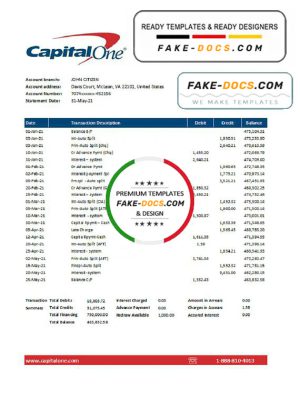 USA Capital One bank statement easy to fill template in Excel and PDF format
