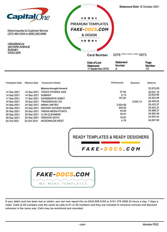USA Capital One bank statement template, fully editable in PSD format, version 2